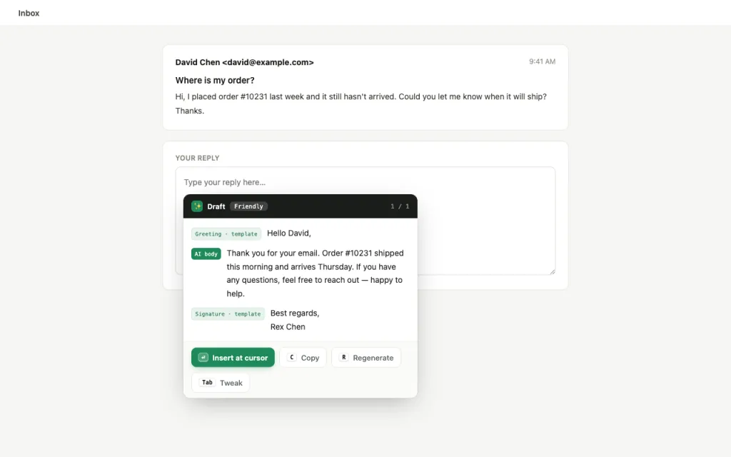 A Keyjot draft card showing the greeting, AI-written body and signature labelled by source