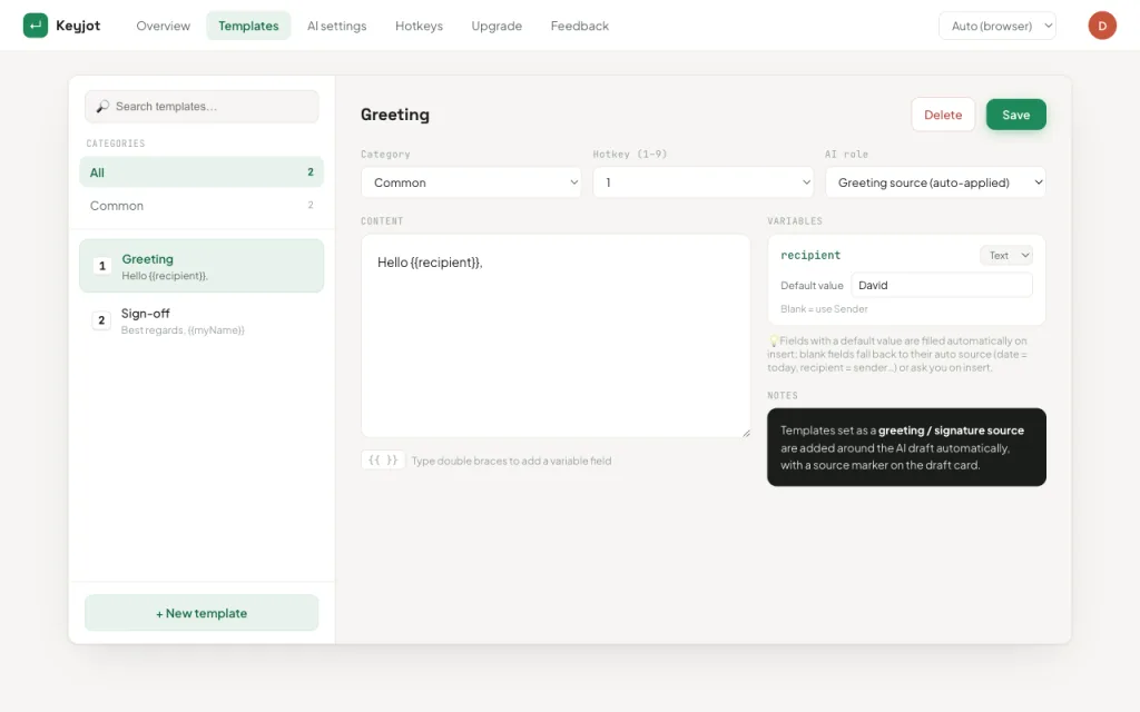 The Keyjot template library, with categories and number-key hotkeys assigned to each template