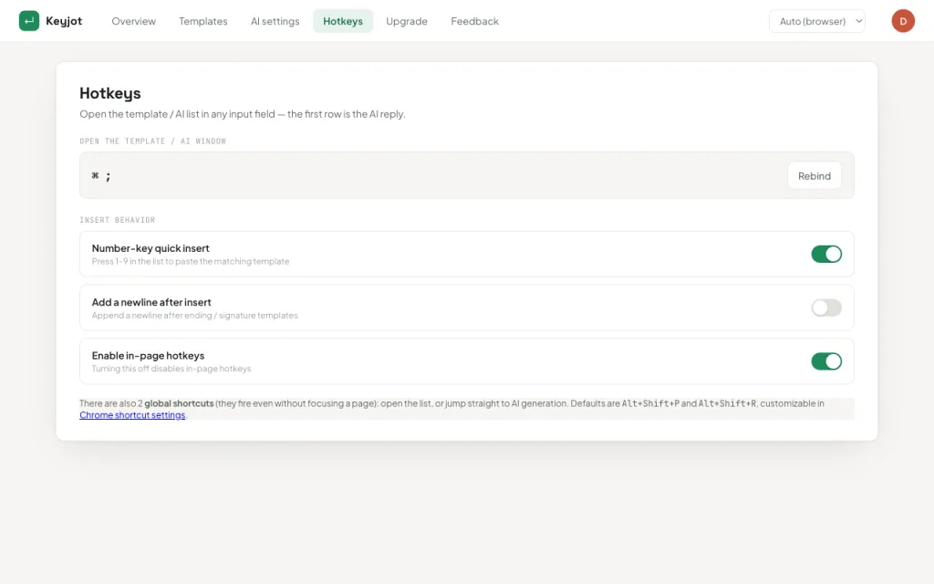 Keyjot hotkey settings for choosing the trigger combination that opens the command window